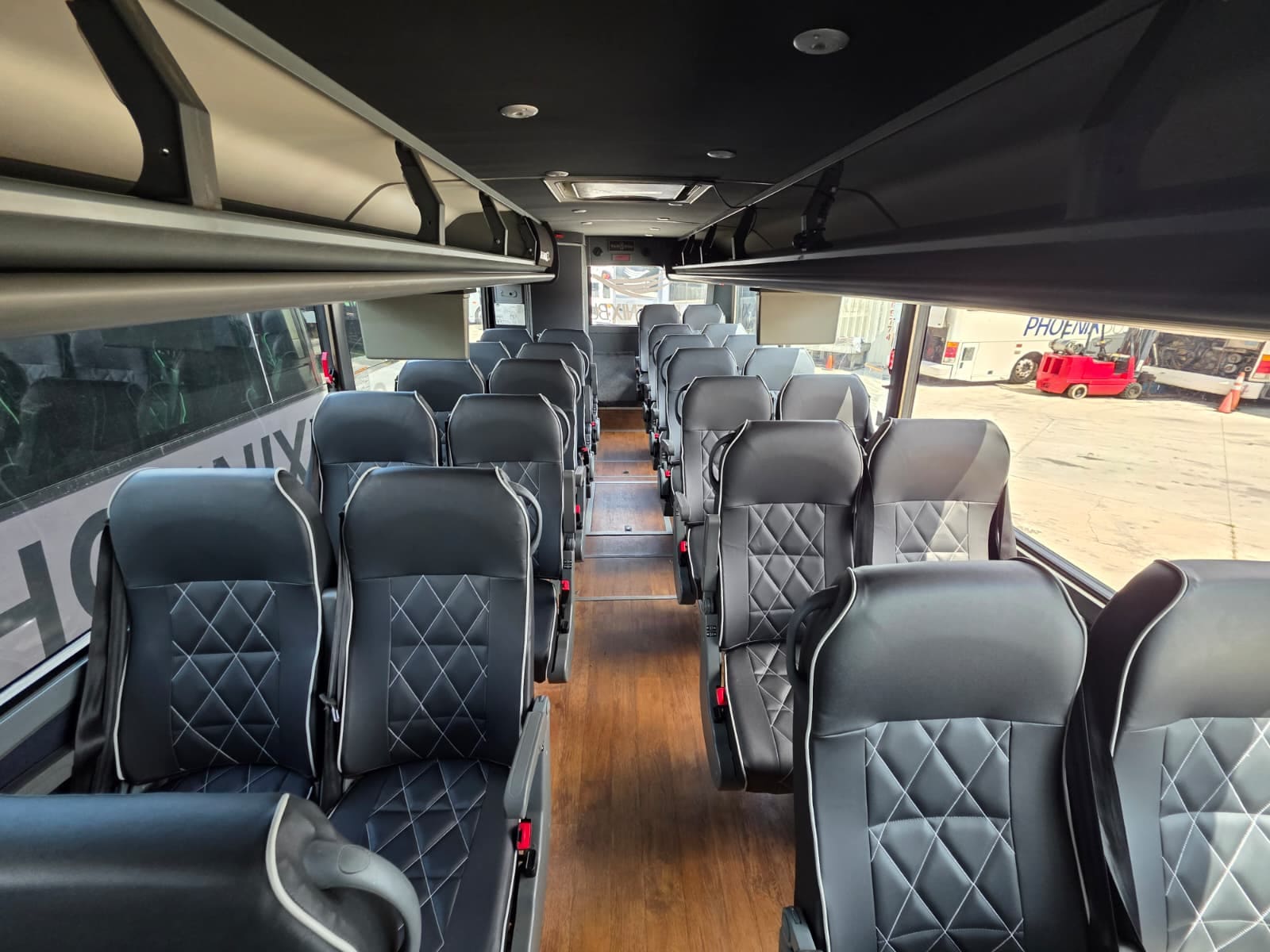 Passenger cabin with leather seating, view from the front
